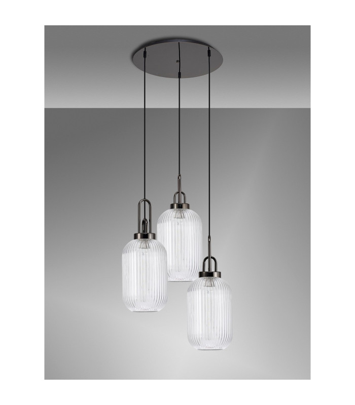 Yorktown 55cm Round 3 Light Pendant 20cm Tubular Ribbed Glass Black Chrome/Matt Black Clear-10