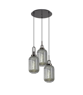Yorktown 55cm Round 3 Light Pendant 20cm Tubular Ribbed Glass Black Chrome/Matt Black Smoked-1