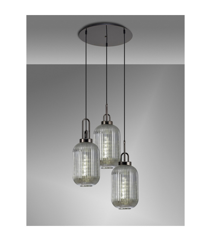 Yorktown 55cm Round 3 Light Pendant 20cm Tubular Ribbed Glass Black Chrome/Matt Black Smoked-3