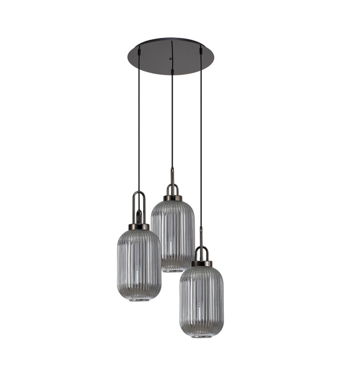 Yorktown 55cm Round 3 Light Pendant 20cm Tubular Ribbed Glass Black Chrome/Matt Black Smoked-4