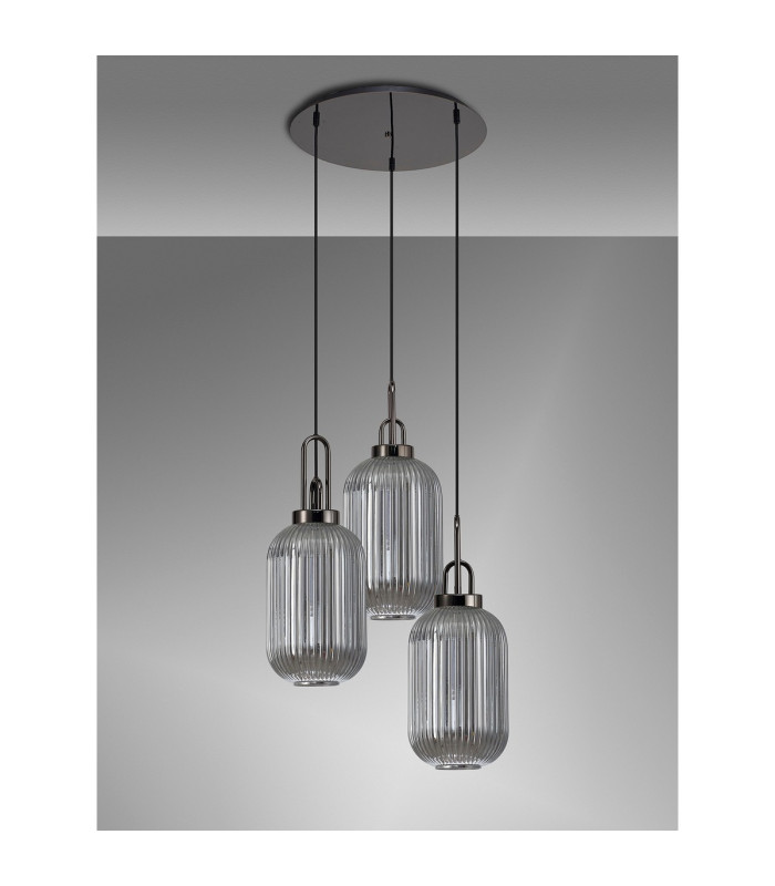 Yorktown 55cm Round 3 Light Pendant 20cm Tubular Ribbed Glass Black Chrome/Matt Black Smoked-10