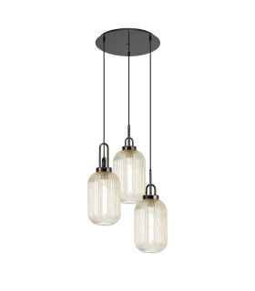 Yorktown 55cm Round 3 Light Pendant 20cm Tubular Ribbed Glass Black Chrome/Matt Black Champagne-1