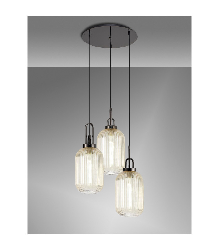 Yorktown 55cm Round 3 Light Pendant 20cm Tubular Ribbed Glass Black Chrome/Matt Black Champagne-3