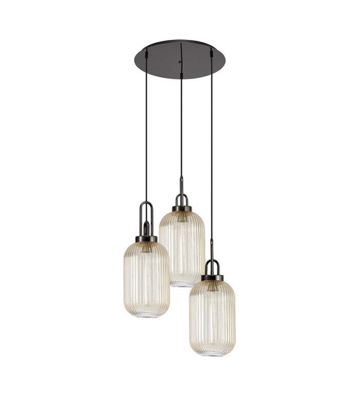 Yorktown 55cm Round 3 Light Pendant 20cm Tubular Ribbed Glass Black Chrome/Matt Black Champagne-4