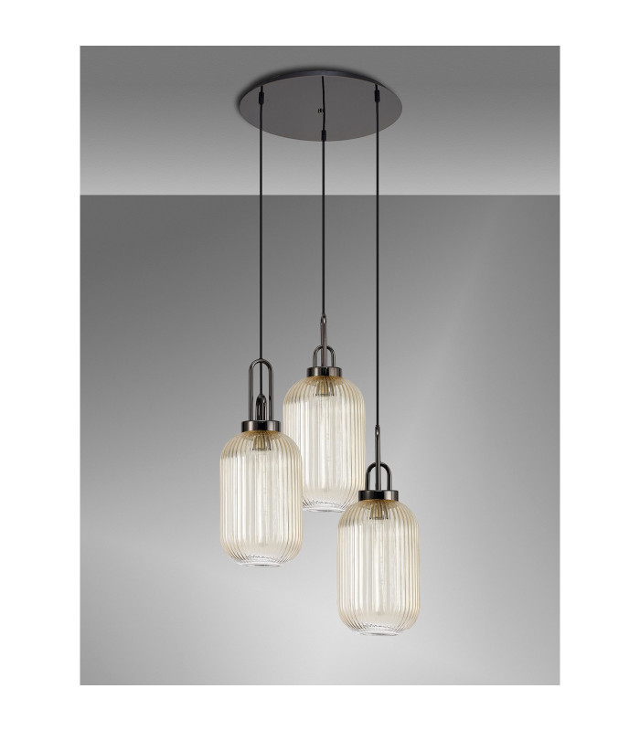 Yorktown 55cm Round 3 Light Pendant 20cm Tubular Ribbed Glass Black Chrome/Matt Black Champagne-10