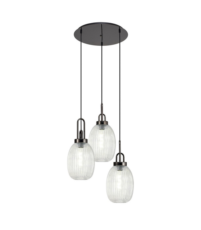 Yorktown 55cm Round 3 Light Pendant 20cm Almond Ribbed Glass Black Chrome/Matt Black Clear-1