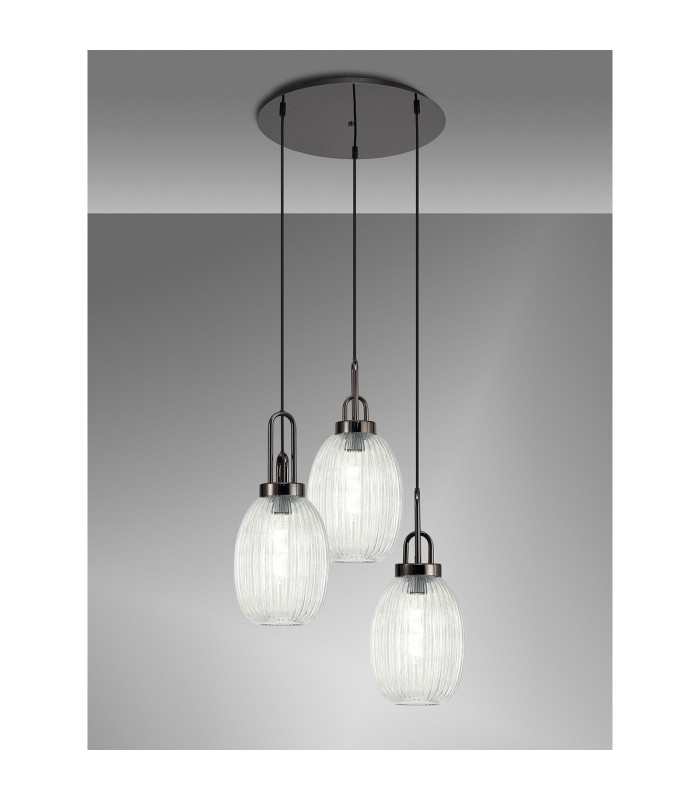 Yorktown 55cm Round 3 Light Pendant 20cm Almond Ribbed Glass Black Chrome/Matt Black Clear-3