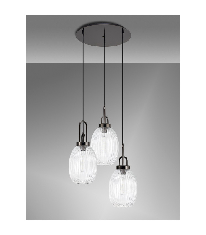 Yorktown 55cm Round 3 Light Pendant 20cm Almond Ribbed Glass Black Chrome/Matt Black Clear-9
