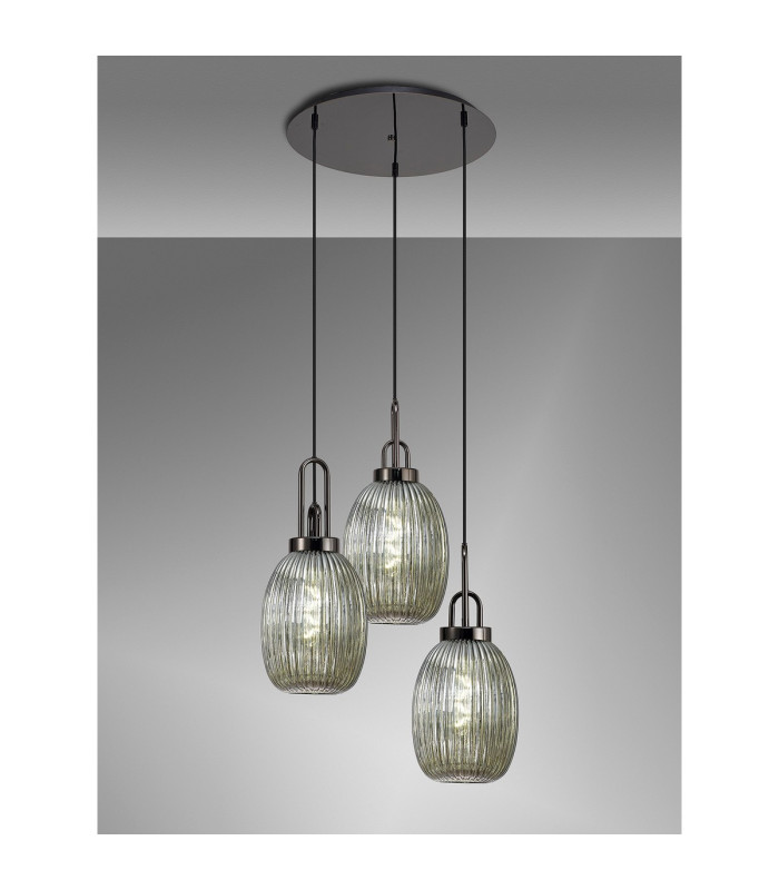 Yorktown 55cm Round 3 Light Pendant 20cm Almond Ribbed Glass Black Chrome/Matt Black Smoked-3