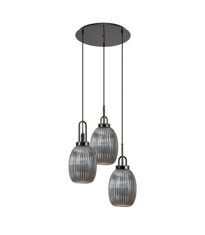 Yorktown 55cm Round 3 Light Pendant 20cm Almond Ribbed Glass Black Chrome/Matt Black Smoked-4
