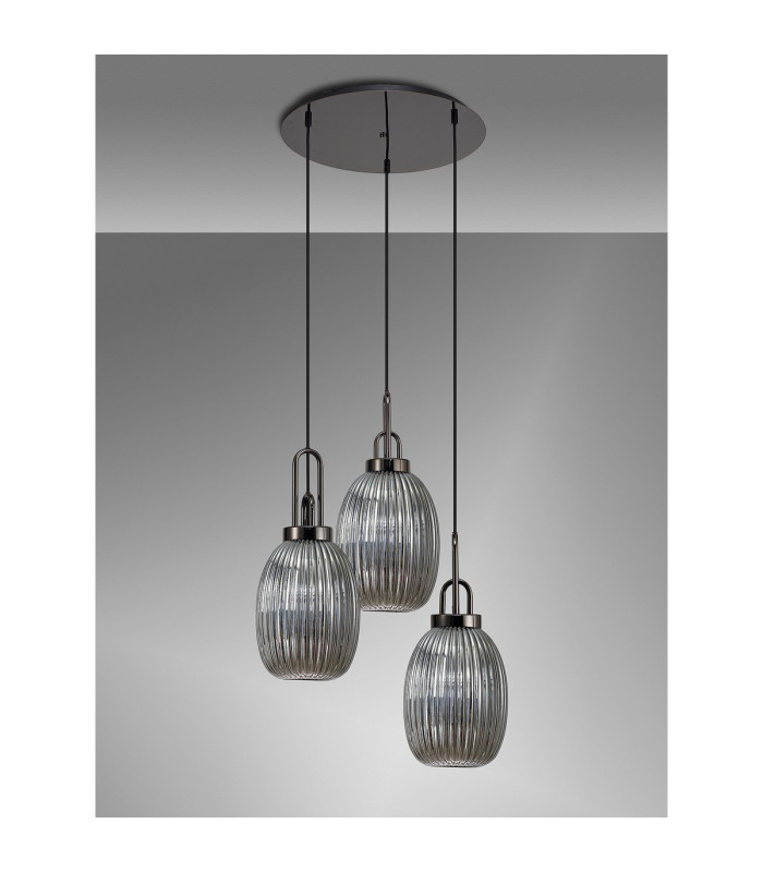 Yorktown 55cm Round 3 Light Pendant 20cm Almond Ribbed Glass Black Chrome/Matt Black Smoked-9