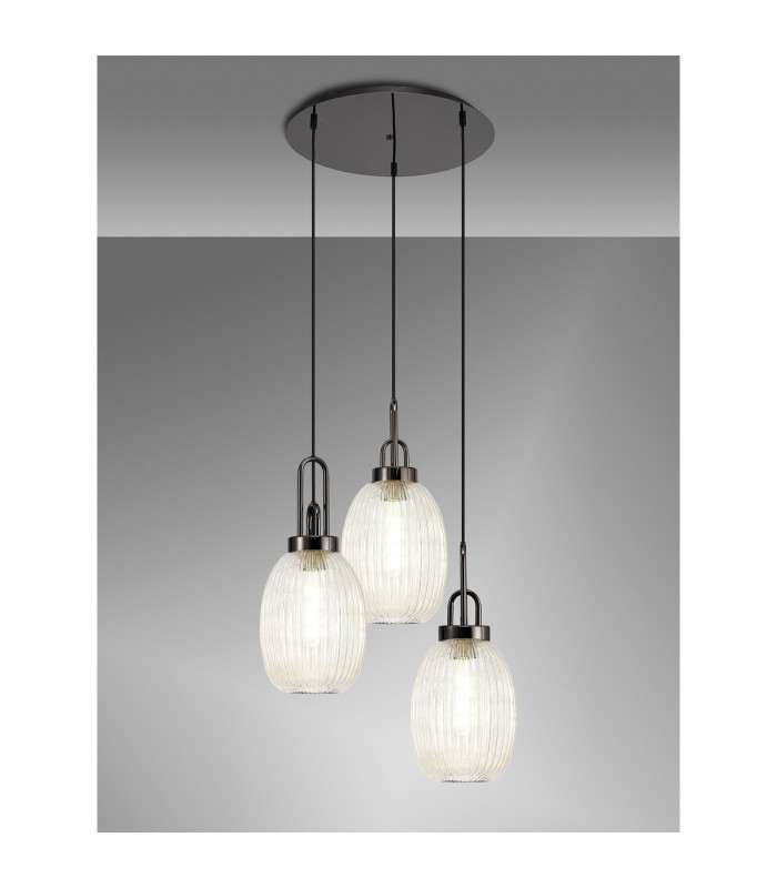 Yorktown 55cm Round 3 Light Pendant 20cm Almond Ribbed Glass Black Chrome/Matt Black Champagne-3