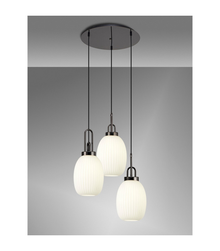 Yorktown 55cm Round 3 Light Pendant 20cm Almond Ribbed Glass Black Chrome/Matt Black Opal-3