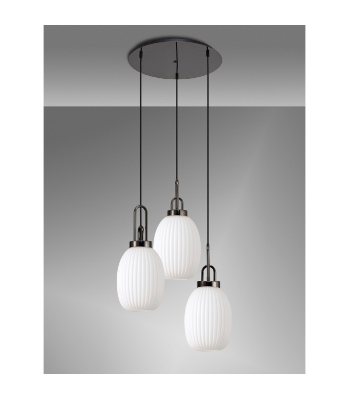Yorktown 55cm Round 3 Light Pendant 20cm Almond Ribbed Glass Black Chrome/Matt Black Opal-9