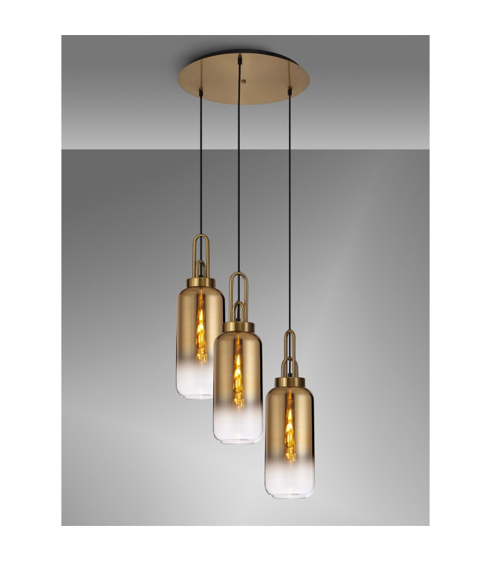 Yorktown 51cm Round 3 Light Pendant 16cm Cylinder Glass Brass Gold/Matt Black Brass Gold/Clear-3