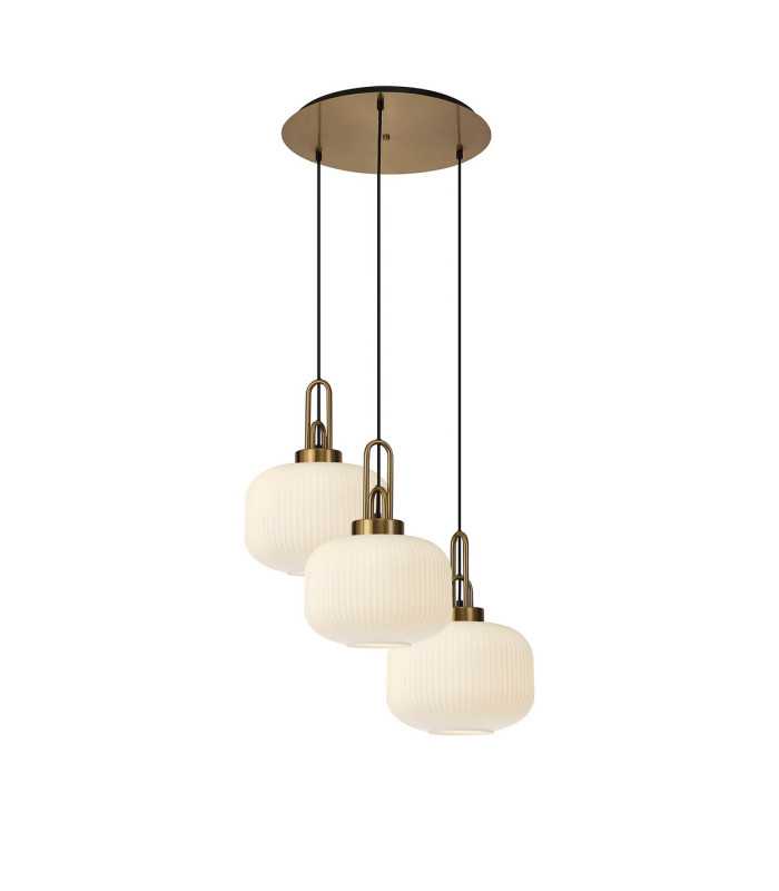 Yorktown 65cm 2m Round Pendant 3 x E27 Brass Gold/Matt Black 30cm Pumpkin Shaped Ribbed Opal Glass-1