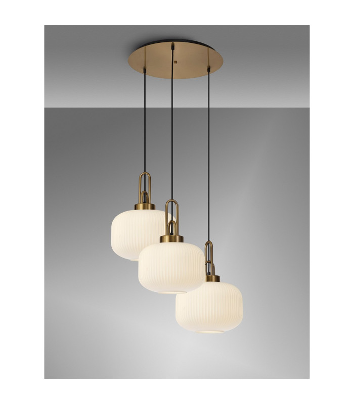 Yorktown 65cm 2m Round Pendant 3 x E27 Brass Gold/Matt Black 30cm Pumpkin Shaped Ribbed Opal Glass-3