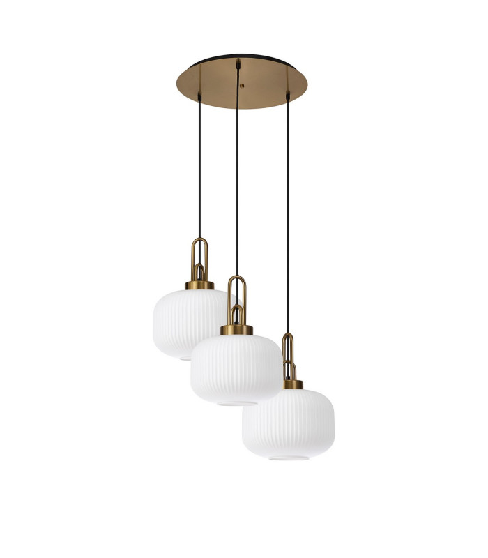 Yorktown 65cm 2m Round Pendant 3 x E27 Brass Gold/Matt Black 30cm Pumpkin Shaped Ribbed Opal Glass-4