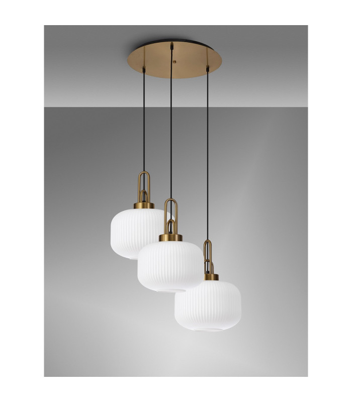 Yorktown 65cm 2m Round Pendant 3 x E27 Brass Gold/Matt Black 30cm Pumpkin Shaped Ribbed Opal Glass-10