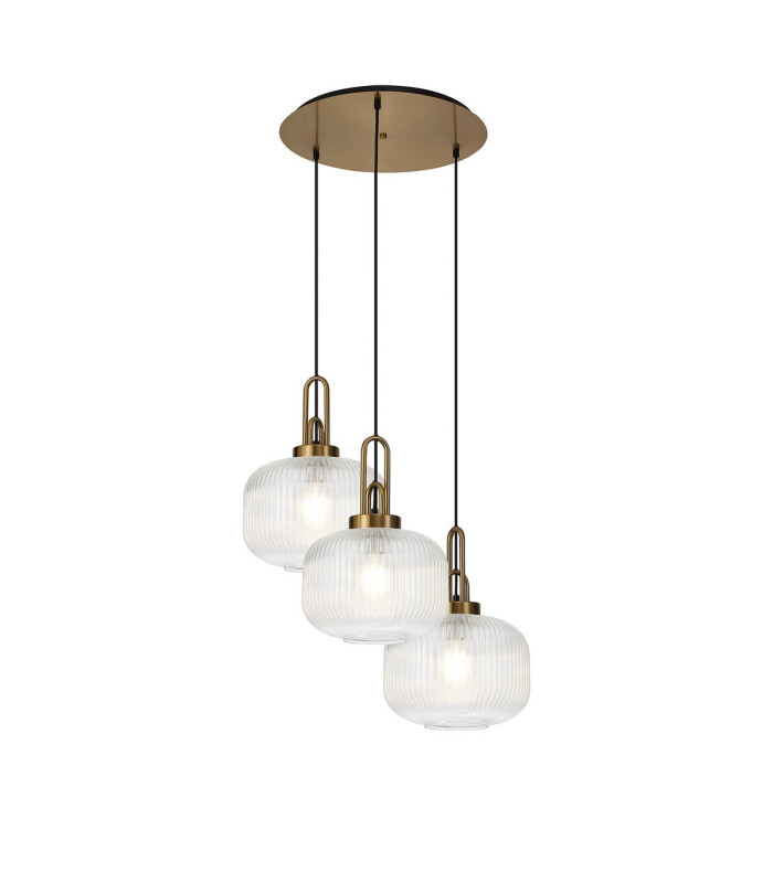 Yorktown 65cm 2m Round Pendant 3 x E27 Brass Gold/Matt Black 30cm Pumpkin Shaped Ribbed Clear Glass-1