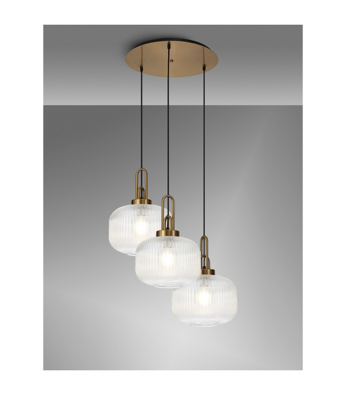 Yorktown 65cm 2m Round Pendant 3 x E27 Brass Gold/Matt Black 30cm Pumpkin Shaped Ribbed Clear Glass-3
