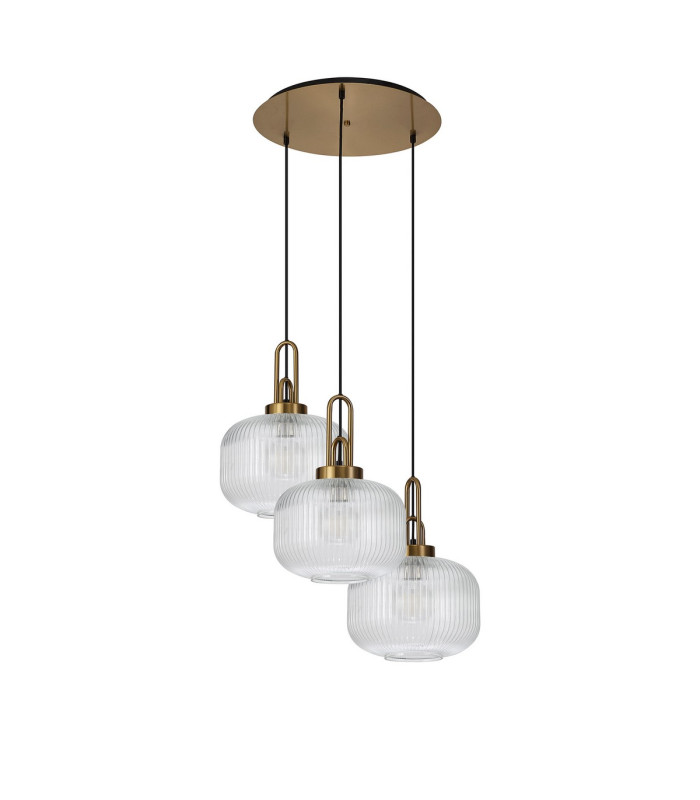 Yorktown 65cm 2m Round Pendant 3 x E27 Brass Gold/Matt Black 30cm Pumpkin Shaped Ribbed Clear Glass-4