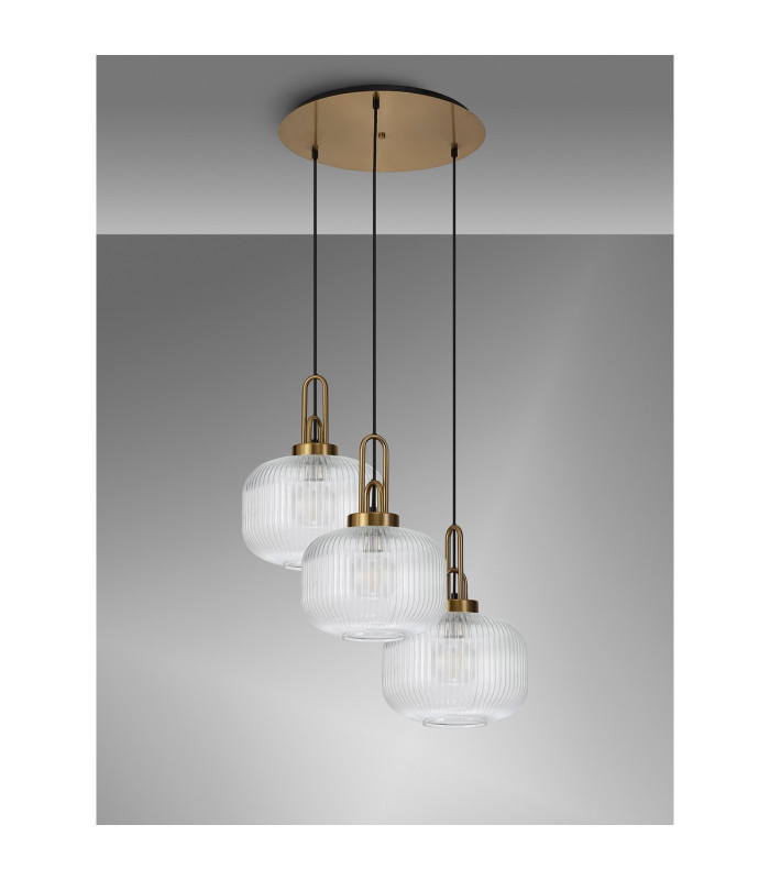 Yorktown 65cm 2m Round Pendant 3 x E27 Brass Gold/Matt Black 30cm Pumpkin Shaped Ribbed Clear Glass-10