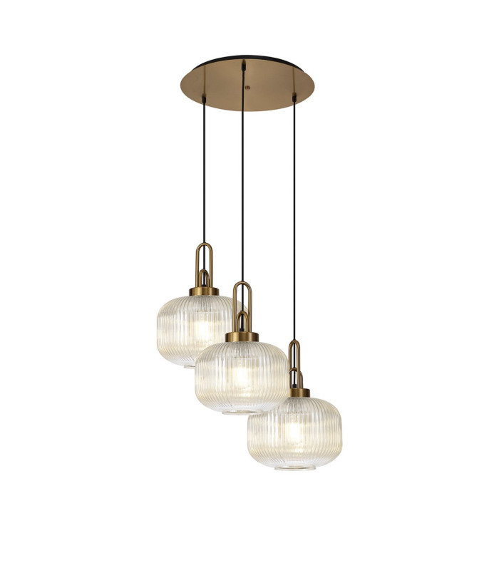 Yorktown 65cm 2m Round Pendant 3 x E27 Brass Gold/Matt Black 30cm Pumpkin Shaped Ribbed Champagne Glass-1