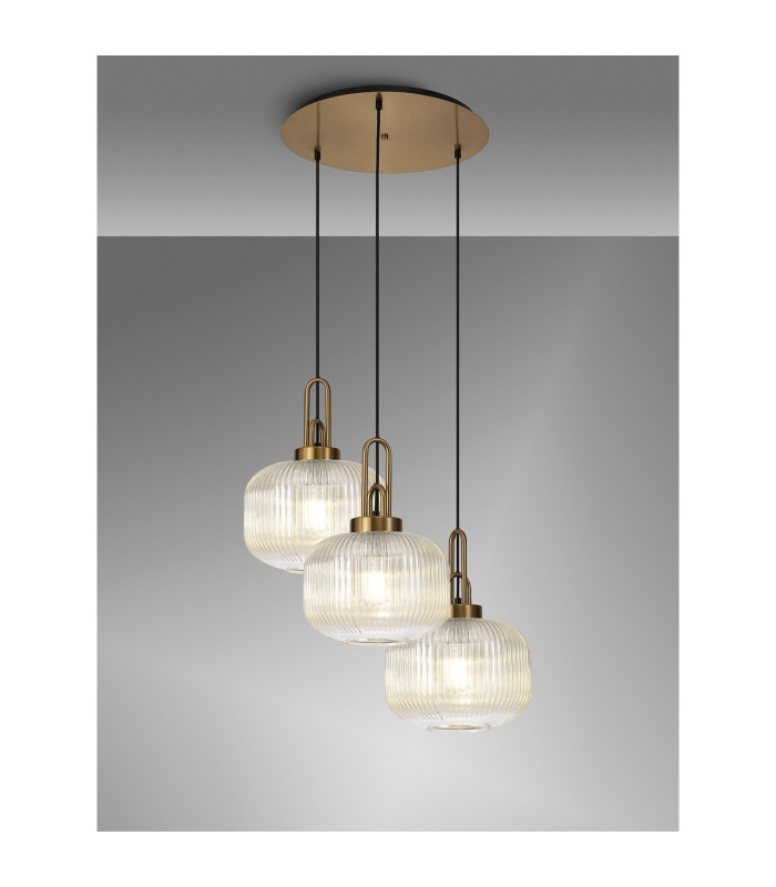 Yorktown 65cm 2m Round Pendant 3 x E27 Brass Gold/Matt Black 30cm Pumpkin Shaped Ribbed Champagne Glass-3