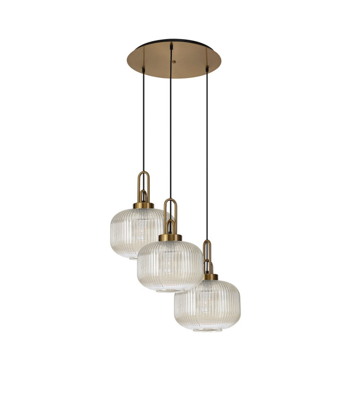 Yorktown 65cm 2m Round Pendant 3 x E27 Brass Gold/Matt Black 30cm Pumpkin Shaped Ribbed Champagne Glass-4