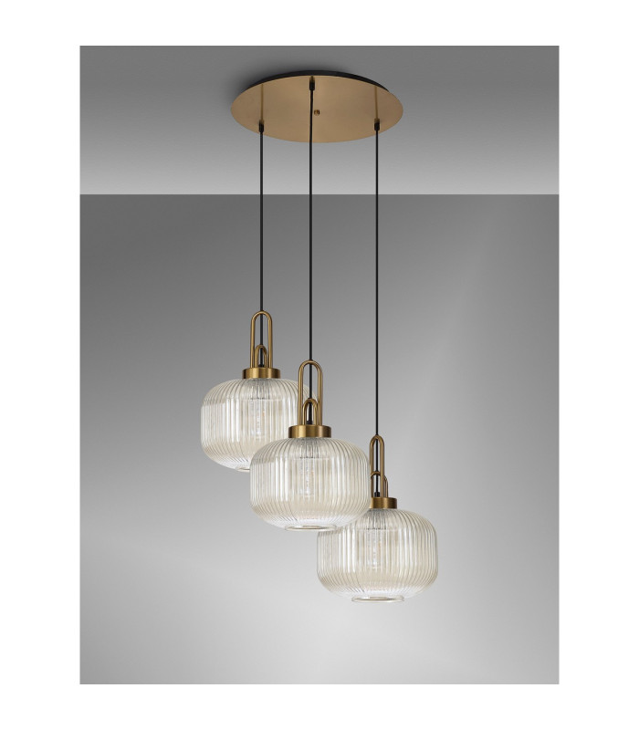 Yorktown 65cm 2m Round Pendant 3 x E27 Brass Gold/Matt Black 30cm Pumpkin Shaped Ribbed Champagne Glass-10