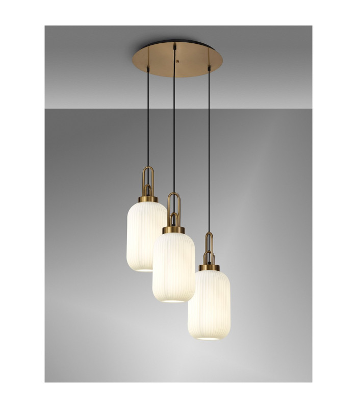 Yorktown 55cm Round 3 Light Pendant 20cm Tubular Ribbed Glass Brass Gold/Matt Black Opal-3
