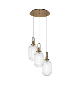 Yorktown 55cm Round 3 Light Pendant 20cm Tubular Ribbed Glass Brass Gold/Matt Black Clear-1