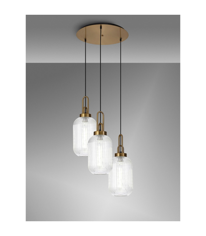 Yorktown 55cm Round 3 Light Pendant 20cm Tubular Ribbed Glass Brass Gold/Matt Black Clear-3