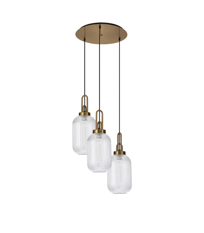 Yorktown 55cm Round 3 Light Pendant 20cm Tubular Ribbed Glass Brass Gold/Matt Black Clear-4
