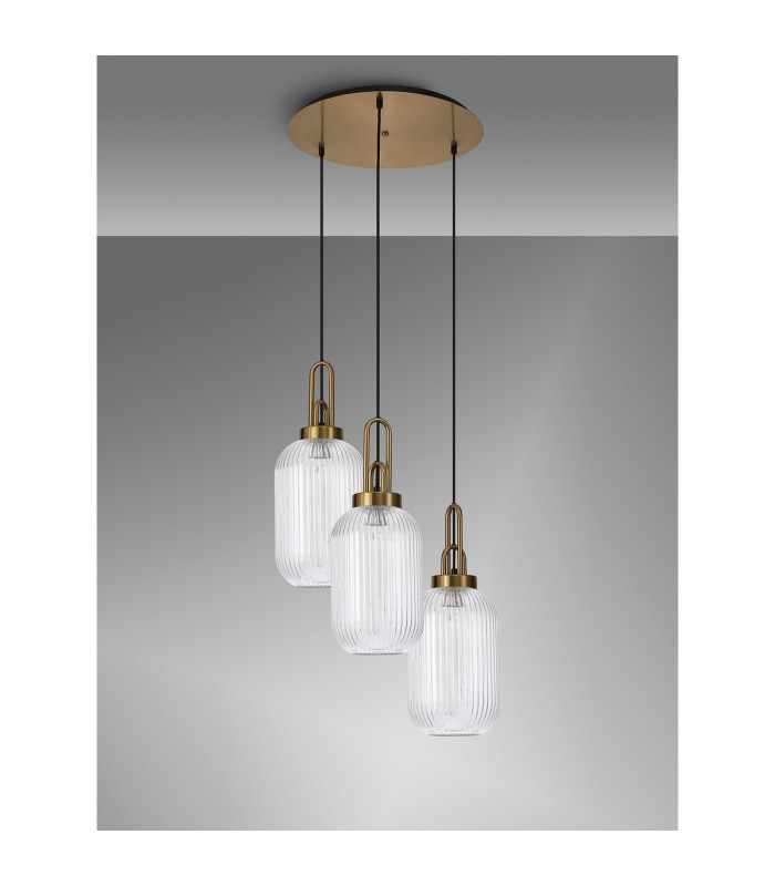 Yorktown 55cm Round 3 Light Pendant 20cm Tubular Ribbed Glass Brass Gold/Matt Black Clear-10