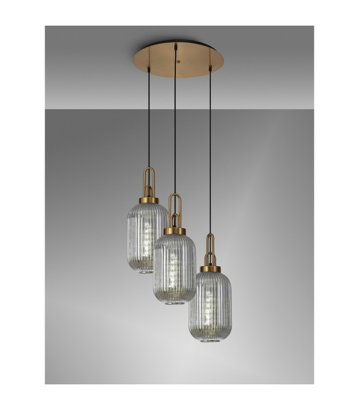 Yorktown 55cm Round 3 Light Pendant 20cm Tubular Ribbed Glass Brass Gold/Matt Black Smoked-3