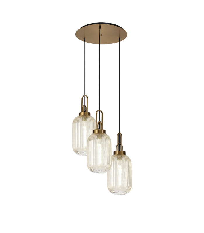 Yorktown 55cm Round 3 Light Pendant 20cm Tubular Ribbed Glass Brass Gold/Matt Black Champagne-1