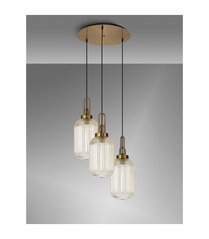 Yorktown 55cm Round 3 Light Pendant 20cm Tubular Ribbed Glass Brass Gold/Matt Black Champagne-10