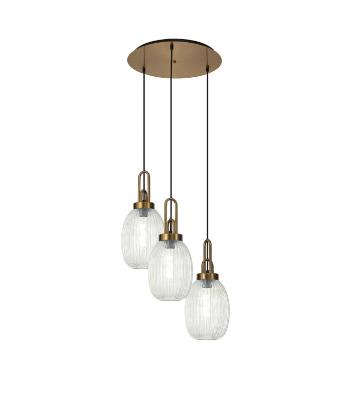 Yorktown 55cm Round 3 Light Pendant 20cm Almond Ribbed Glass Brass Gold/Matt Black Clear-1