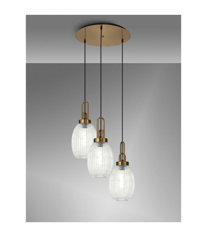 Yorktown 55cm Round 3 Light Pendant 20cm Almond Ribbed Glass Brass Gold/Matt Black Clear-3