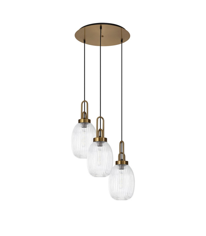 Yorktown 55cm Round 3 Light Pendant 20cm Almond Ribbed Glass Brass Gold/Matt Black Clear-4