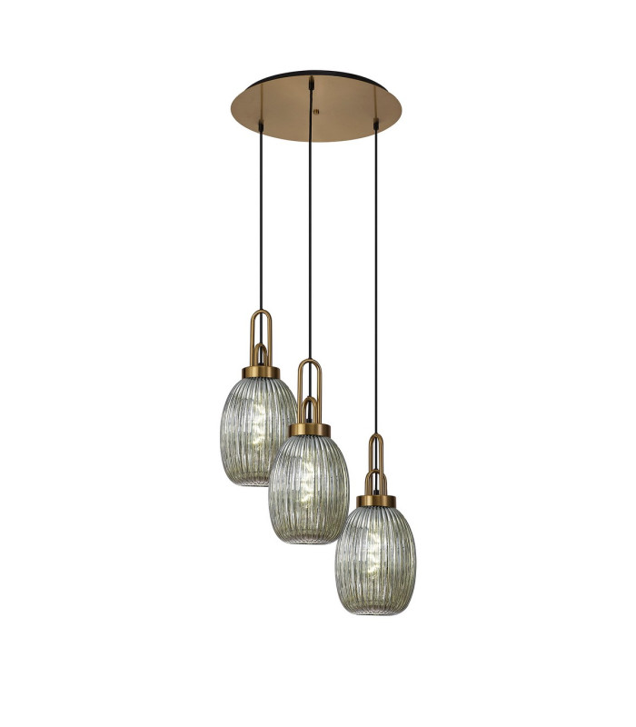 Yorktown 55cm Round 3 Light Pendant 20cm Almond Ribbed Glass Brass Gold/Matt Black Smoked-1