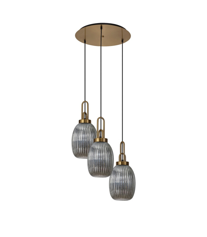 Yorktown 55cm Round 3 Light Pendant 20cm Almond Ribbed Glass Brass Gold/Matt Black Smoked-4