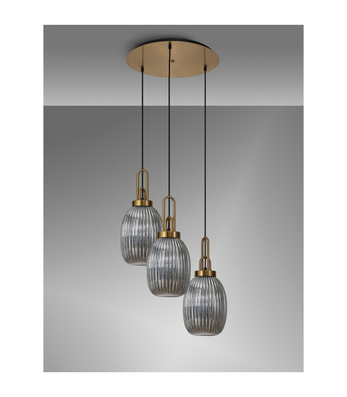 Yorktown 55cm Round 3 Light Pendant 20cm Almond Ribbed Glass Brass Gold/Matt Black Smoked-9