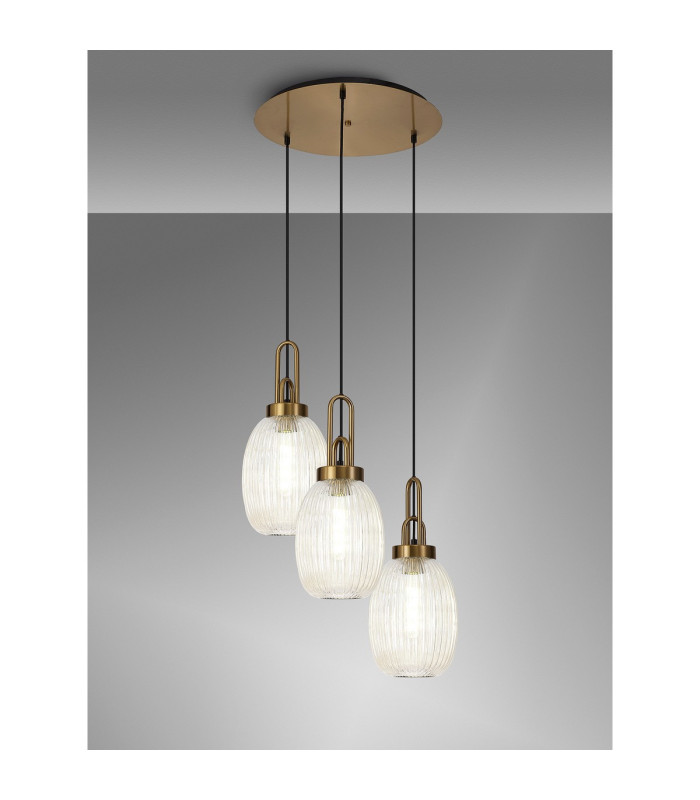 Yorktown 55cm Round 3 Light Pendant 20cm Almond Ribbed Glass Brass Gold/Matt Black Champagne-3