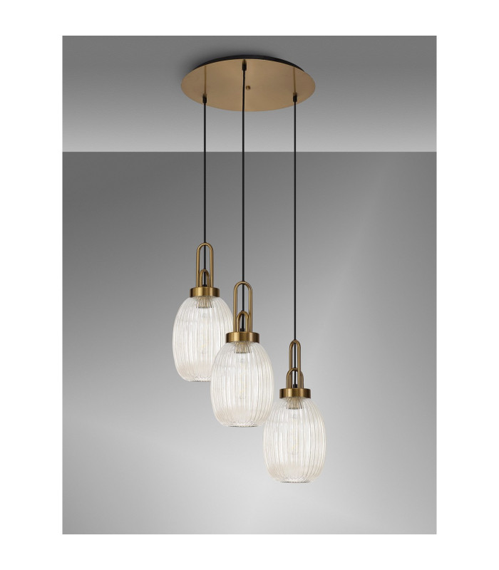 Yorktown 55cm Round 3 Light Pendant 20cm Almond Ribbed Glass Brass Gold/Matt Black Champagne-10