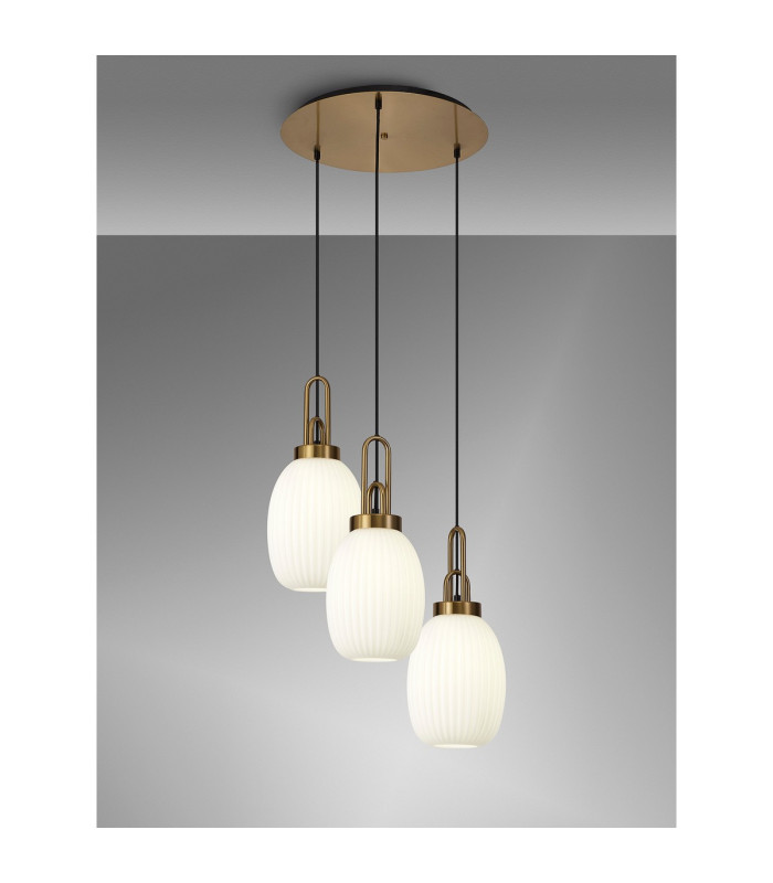 Yorktown 55cm Round 3 Light Pendant 20cm Almond Ribbed Glass Brass Gold/Matt Black Opal-3