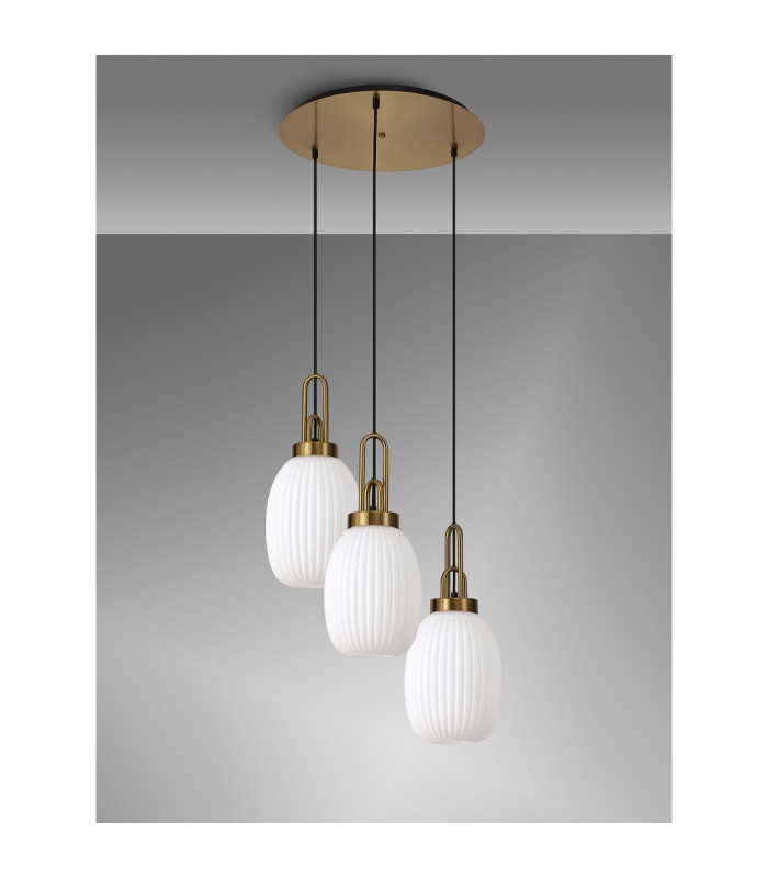 Yorktown 55cm Round 3 Light Pendant 20cm Almond Ribbed Glass Brass Gold/Matt Black Opal-9