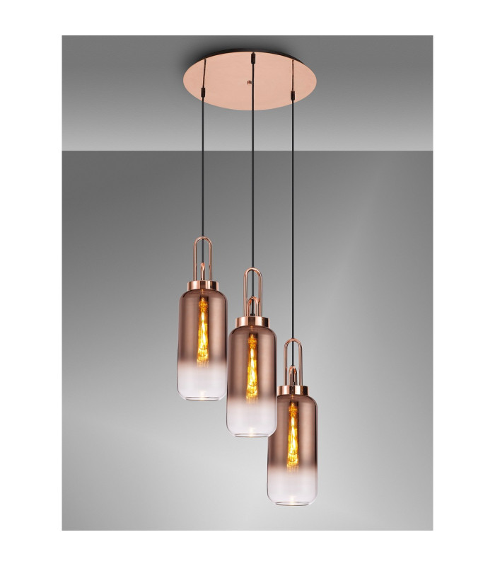 Yorktown 51cm Round 3 Light Pendant 16cm Cylinder Glass Copper/Matt Black Copper/Clear-3